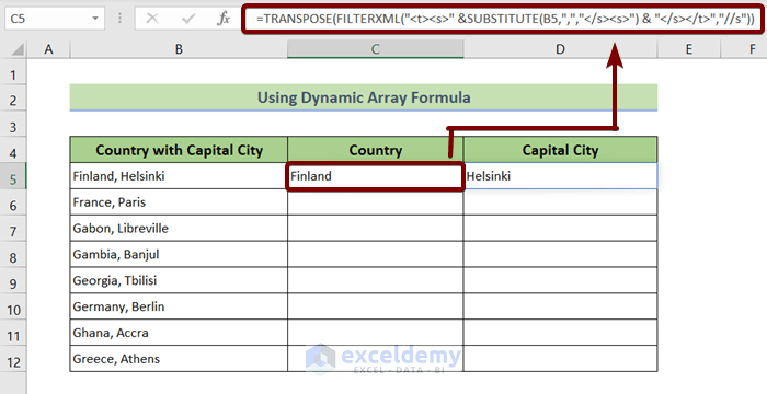 Apply Dynamic Array Formula to Split Column in Excel by Comma