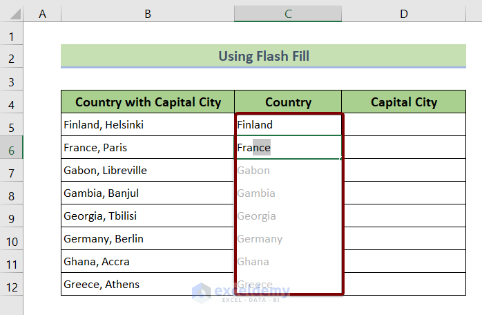 Divide Column in Excel by Comma Using Flash Fill