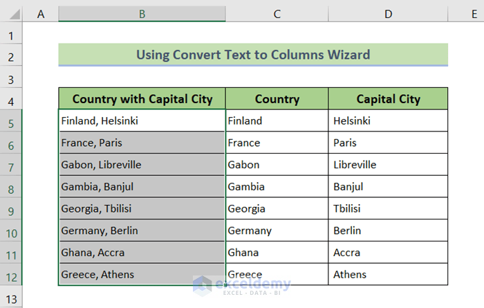 Output: Split Column in Excel by Comma with Convert Text to Columns Wizard