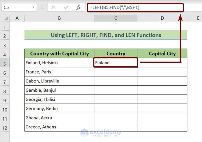 Combining LEFT and FIND Functions to Split Column in Excel by Comma