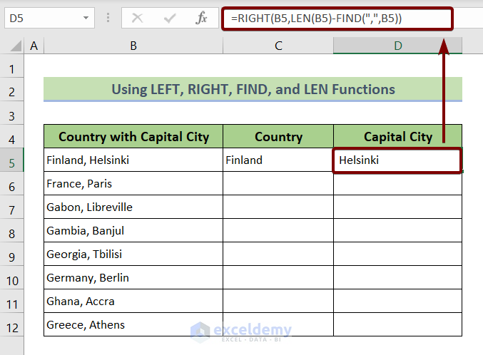 Combining RIGHT, FIND, and LEN Functions to Split Column in Excel by Comma