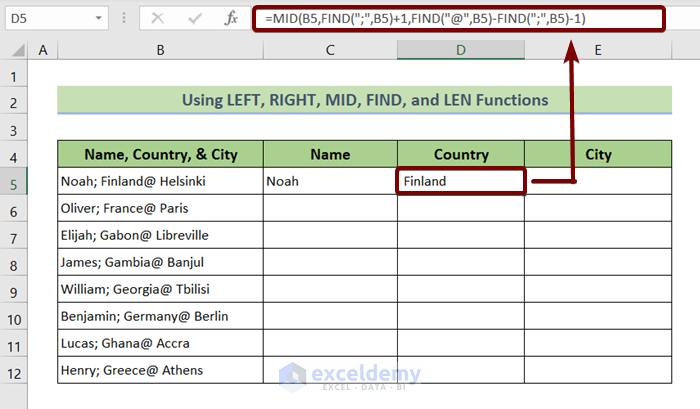 Combining MID and FIND Functions to Split Text in Excel by Character