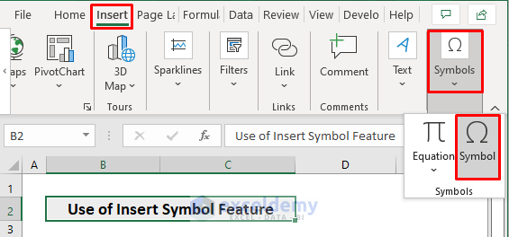 Type Delta in Excel with Insert Symbol Feature