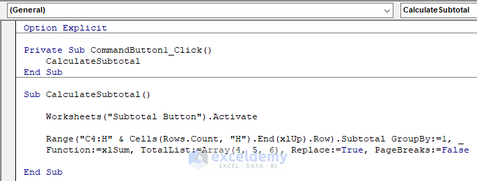 VBA Code inside Button for Subtotal in Excel