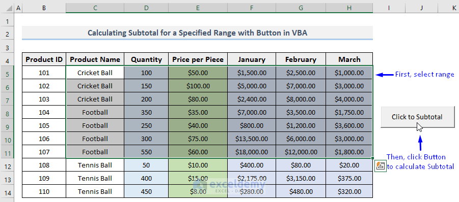Select Range for VBA Code for Subtotal in Excel