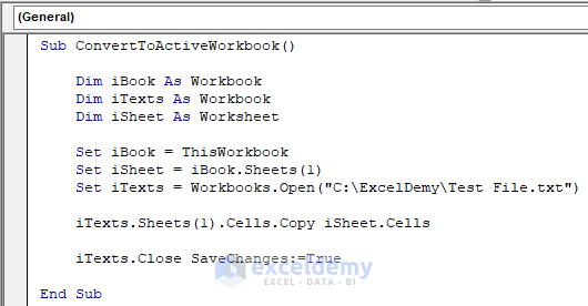 VBA Code to Convert Text File to Active Excel
