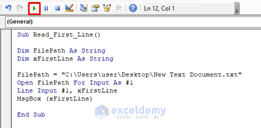 Read First Line of a Text File Using VBA in Excel