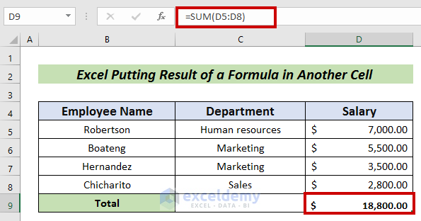 Excel Putting Result of a Formula in Another Cell