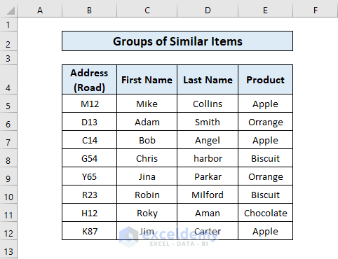 Dataset - Group Similar Items in Excel