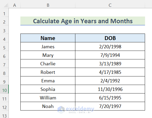 Calculate Age in Excel in Years and Months