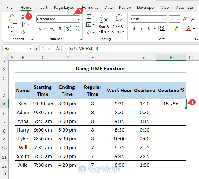 Percentage overtime using time function