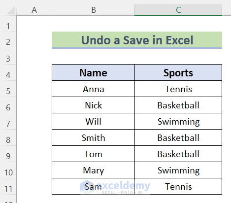 Dataset to Undo a Save in Excel