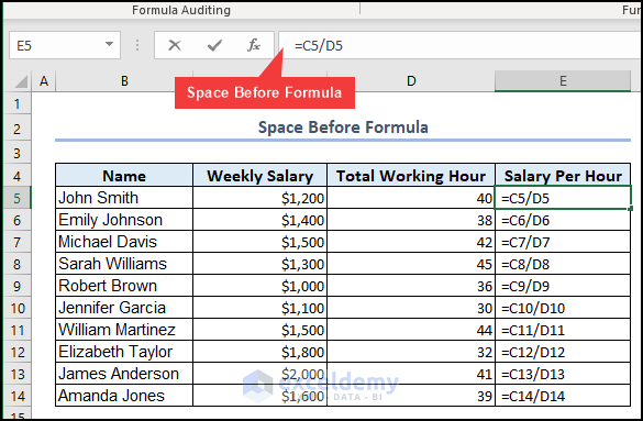 Space Before Formula therefore formula is not working Excel showing as text