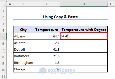 Paste degree symbol into Excel