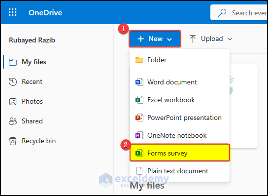Adding the survey form form the Onedrive