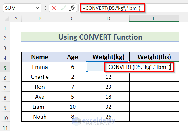 Converting kg to lbs in Excel Using Convert Function