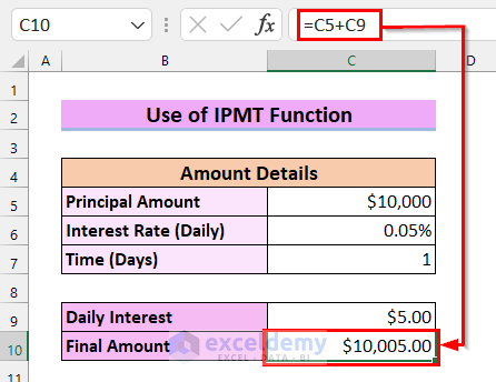 2. Use of IPMT Function to Calculate Daily Simple Interest in Excel