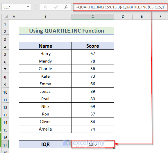 How to Calculate Interquartile Range in Excel Using QUARTILE.INC Function