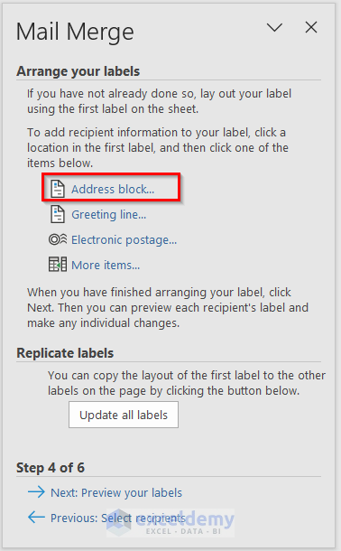 Choose address block for the layout of mail merge labels
