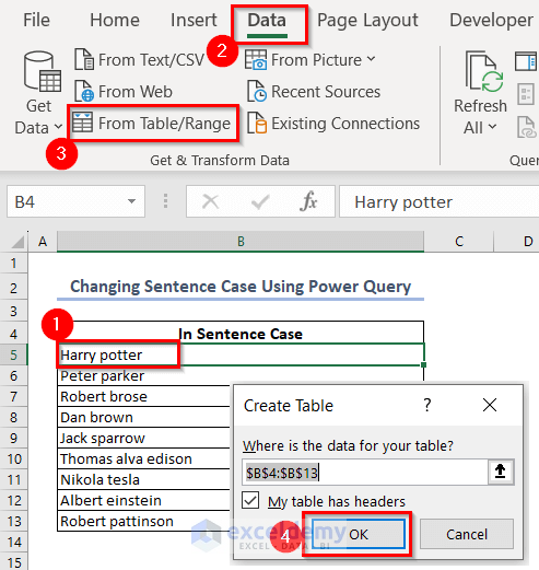 Create an Excel table to open Power Query Editor