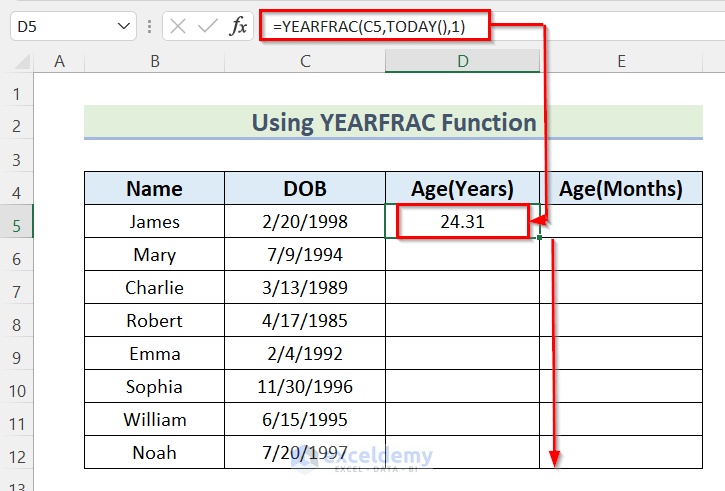 Using YEARFRAC Function to Calculate Age in Excel