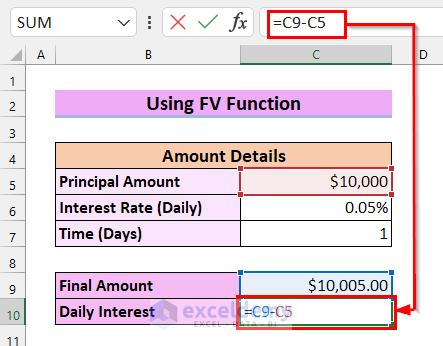 3. Using FV Function to Calculate Daily Simple Interest in Excell