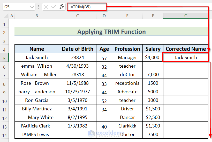 Applying TRIM Function to Clean Data for Analysis in Excel