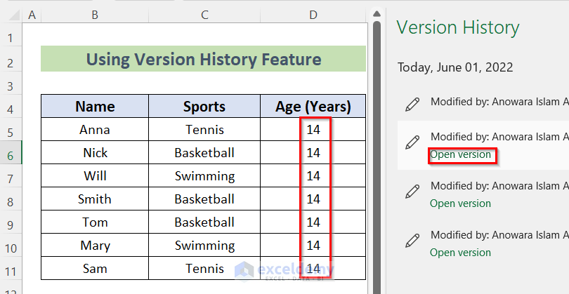Using Version History Feature Undo a Save in Excel