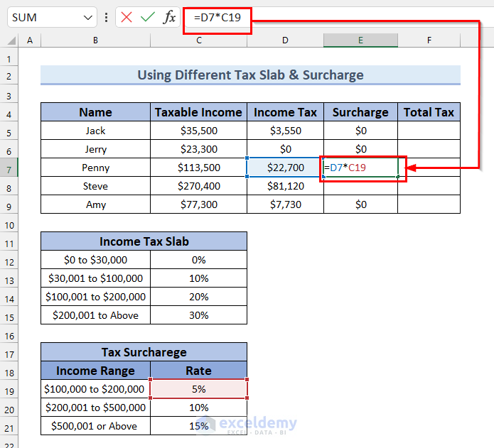 2. Calculating Income Tax on Salary in Excel with Different Tax Slabs and Tax Surcharge