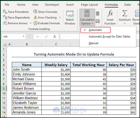 Selecting Automatic Calculation Option