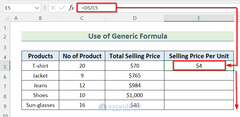 Use of Generic Formula to Calculate Selling Price Per Unit