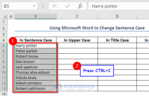 Copy the data with sentence case