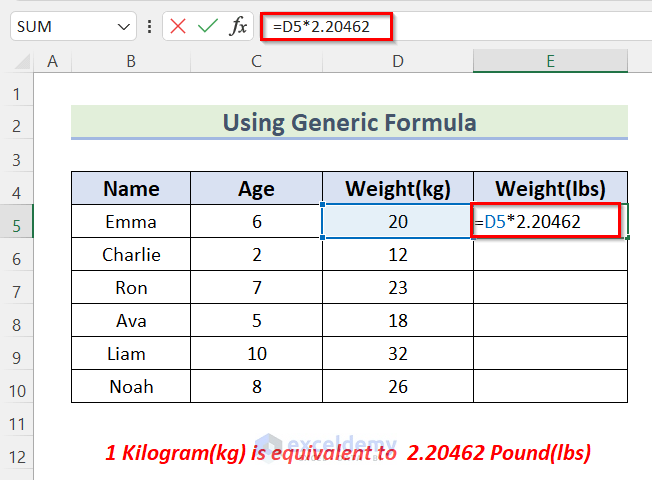 Convert kg to lbs in Excel Using Generic Formula