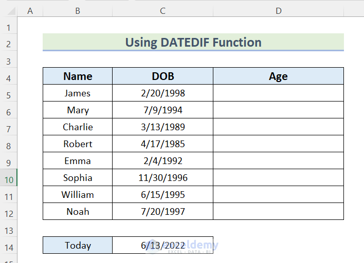 Using DATEDIF Function to Calculate Age in Years and Month in Excel