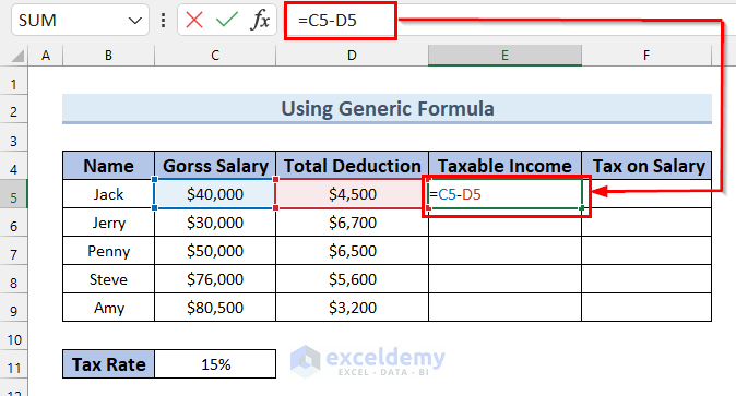1. Using Generic Formula to Calculate Income Tax on Salary in Excel 