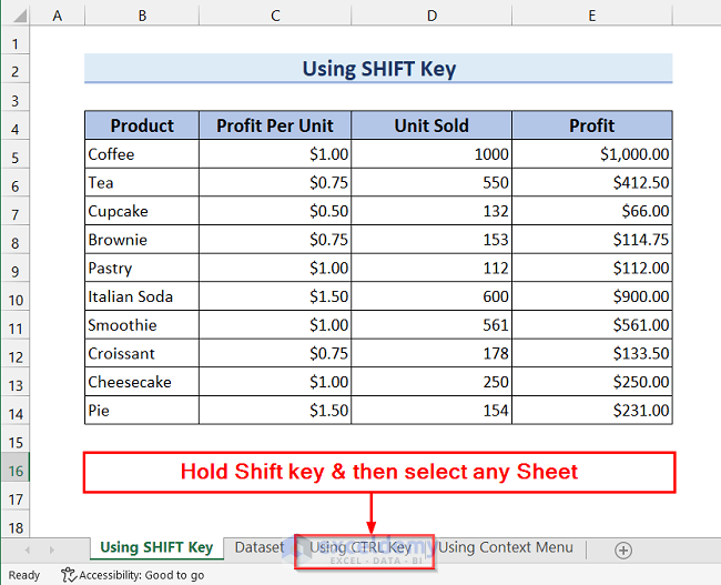 Using SHIFT Key to Group Worksheets