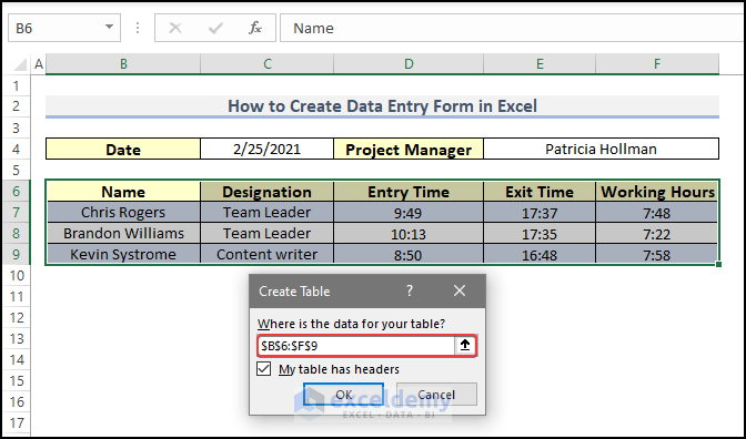 how to create data entry form in excel