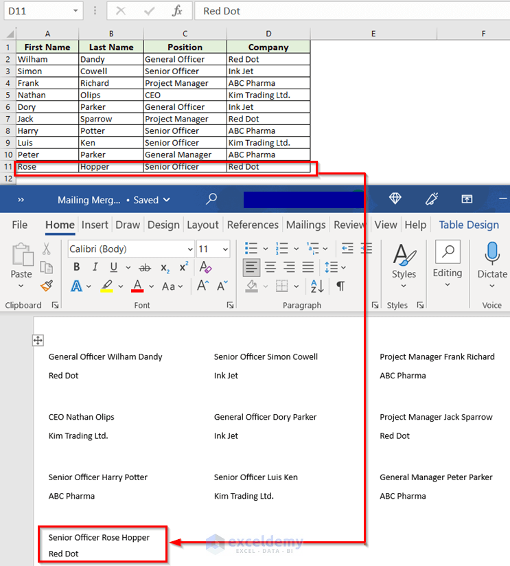 Word will auto-update the mail merge labels for modified Data source