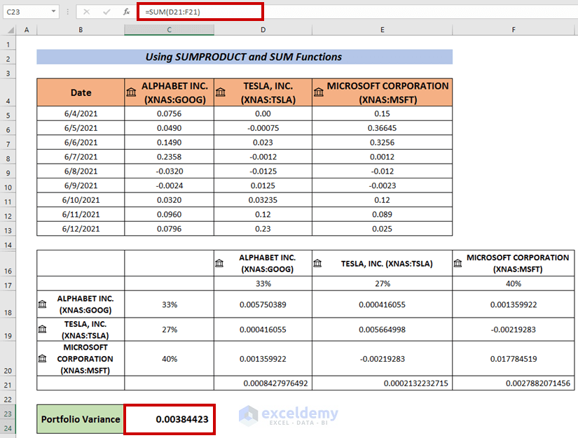 How to Calculate Portfolio Variance in Excel