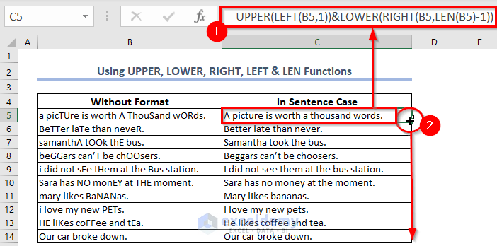 Combining UPPER, LOWER, RIGHT, LEFT & LEN Functions to Get Sentence Case