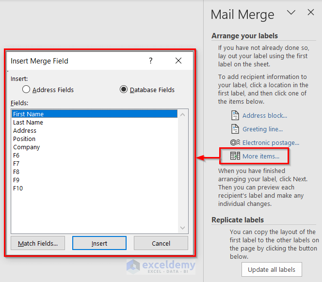 Insert merge field to customize a new layout of mail merge labels