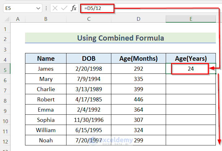 Using Combined Formula to Calculate Age in Excel