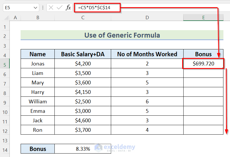 Use of Generic Formula to Calculate Bonus on Salary in Excel