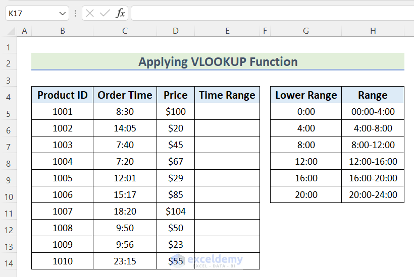 Applying VLOOKUP Function to Organize Time in Excel