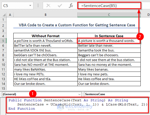VBA Code to Create a Custom Function for Changing Sentence Case