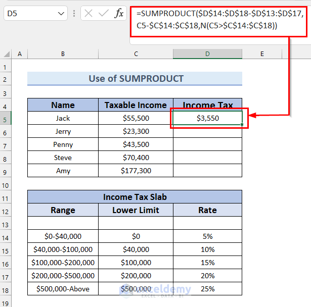 3. Use of SUMPRODUCT Function to Calculate Income Tax on Salary in Excel