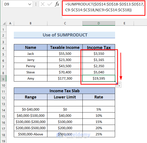 3. Use of SUMPRODUCT Function to Calculate Income Tax on Salary in Excel