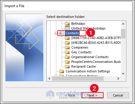 34-Select the location (i.e., Contacts) where the imported file has to be extracted