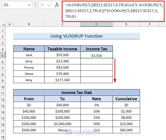 4. Using VLOOKUP Function to Calculate Income Tax on Salary in Excel