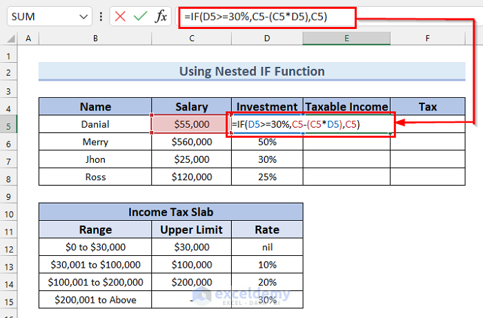 5. Use of Nested IF Function to Calculate Income Tax on Salary in Excel